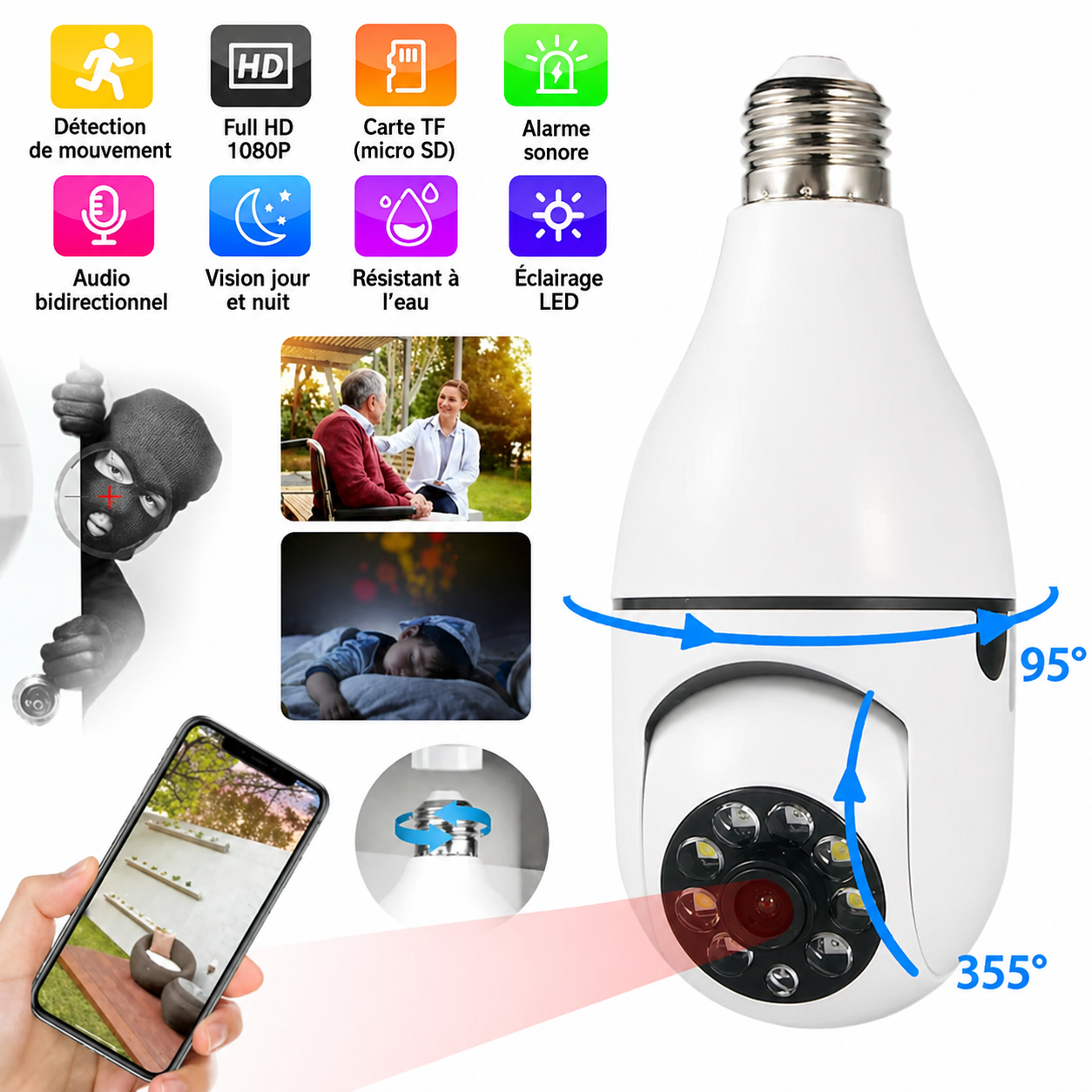 📹 Caméra Ampoule WiFi 360° – Surveillez votre maison depuis votre téléphone
